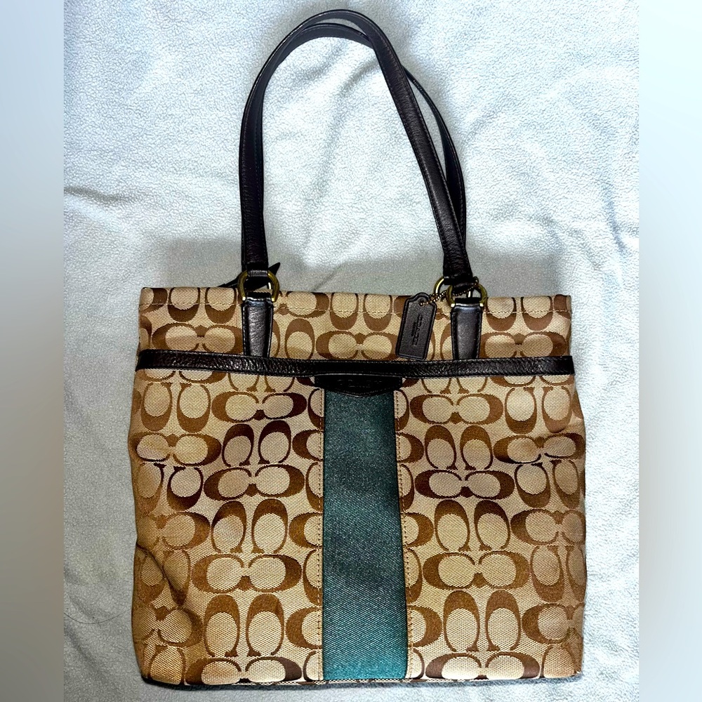 Coach Green Stripe Tote with Brown/Beige Signature Canvas Handbag